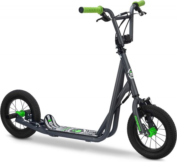 Mongoose Expo Youth Scooter, Front and Rear Caliper Brakes, Rear Axle Pegs, 12-Inch Inflatable Wheels