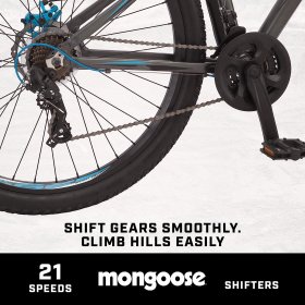 Mongoose Impasse Adult Mountain Bike, Aluminum Frame, Twist Shifters, 21- Speed Rear Deraileur, Front and Rear Disc Brakes