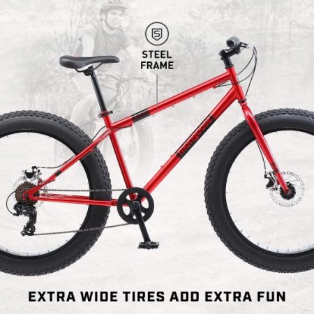 Mongoose Dolomite Mens Adult Fat Tire Mountain Bike, 26-Inch Wheels, 4-Inch Wide Knobby Tires, 7-Speed, Steel Frame, Front and Rear Brakes