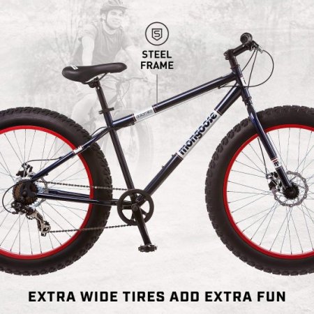 Mongoose Dolomite Mens Adult Fat Tire Mountain Bike, 26-Inch Wheels, 4-Inch Wide Knobby Tires, 7-Speed, Steel Frame, Front and Rear Brakes