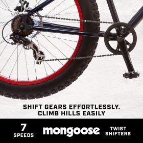 Mongoose Dolomite Mens Adult Fat Tire Mountain Bike, 26-Inch Wheels, 4-Inch Wide Knobby Tires, 7-Speed, Steel Frame, Front and Rear Brakes